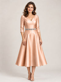 Rose Gold V-Neck Tea-Length Mother of the Bride Dress with Embellished Waist