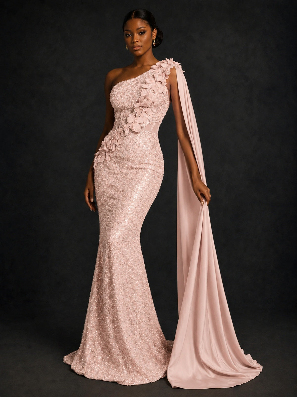 Gold Sequin One Shoulder Mermaid Prom Dress with Cape