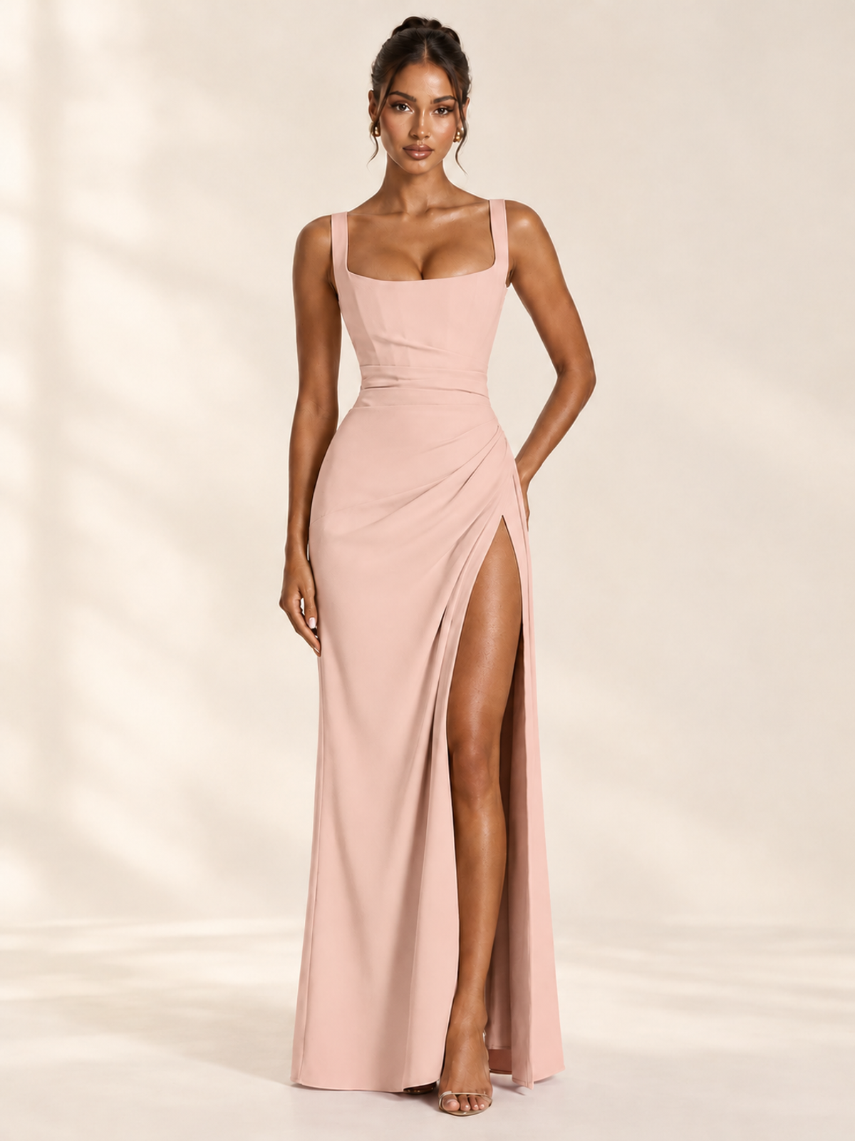Square Neck Satin Sleeveless Ruched Prom Dress with High Slit