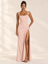 Square Neck Satin Sleeveless Ruched Prom Dress with High Slit