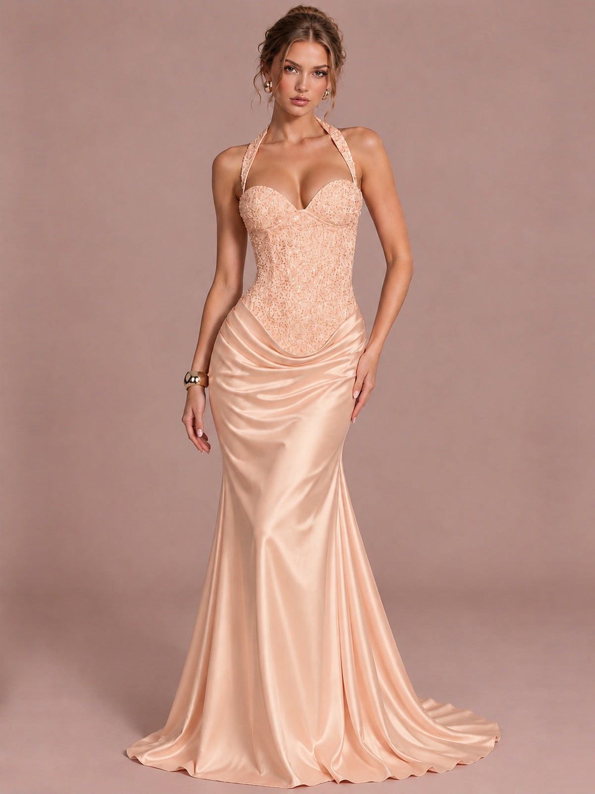 Rose Gold Sparkling Halter Corset Satin Mermaid Prom Dress Long Ruched Sequin Formal Gown Evening Party Dress