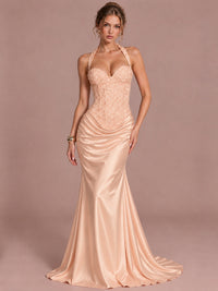 Rose Gold Sparkling Halter Corset Satin Mermaid Prom Dress Long Ruched Sequin Formal Gown Evening Party Dress