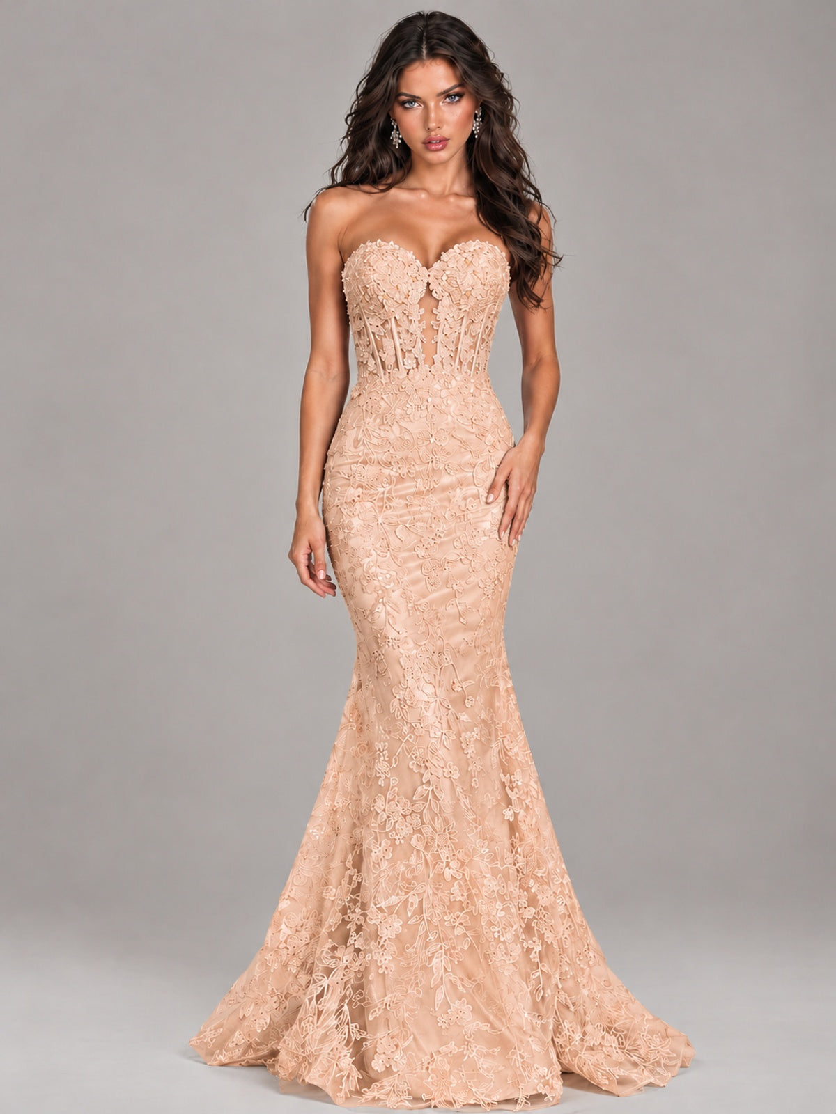 Strapless Corset Mermaid Prom Dress Lace Appliqué Formal Gown