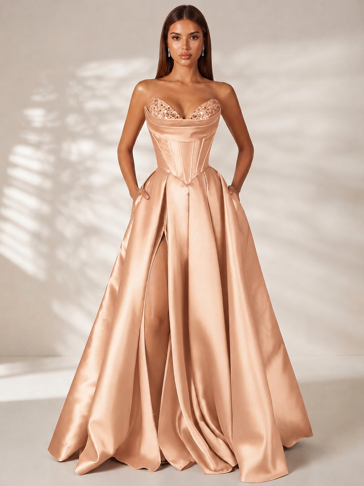 Rose Gold Strapless Corset Satin Prom Dress Long Evening Gown with High Slit