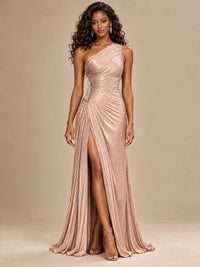 Burgundy One Shoulder Ruched Prom Dress with High Slit & Beaded Waist