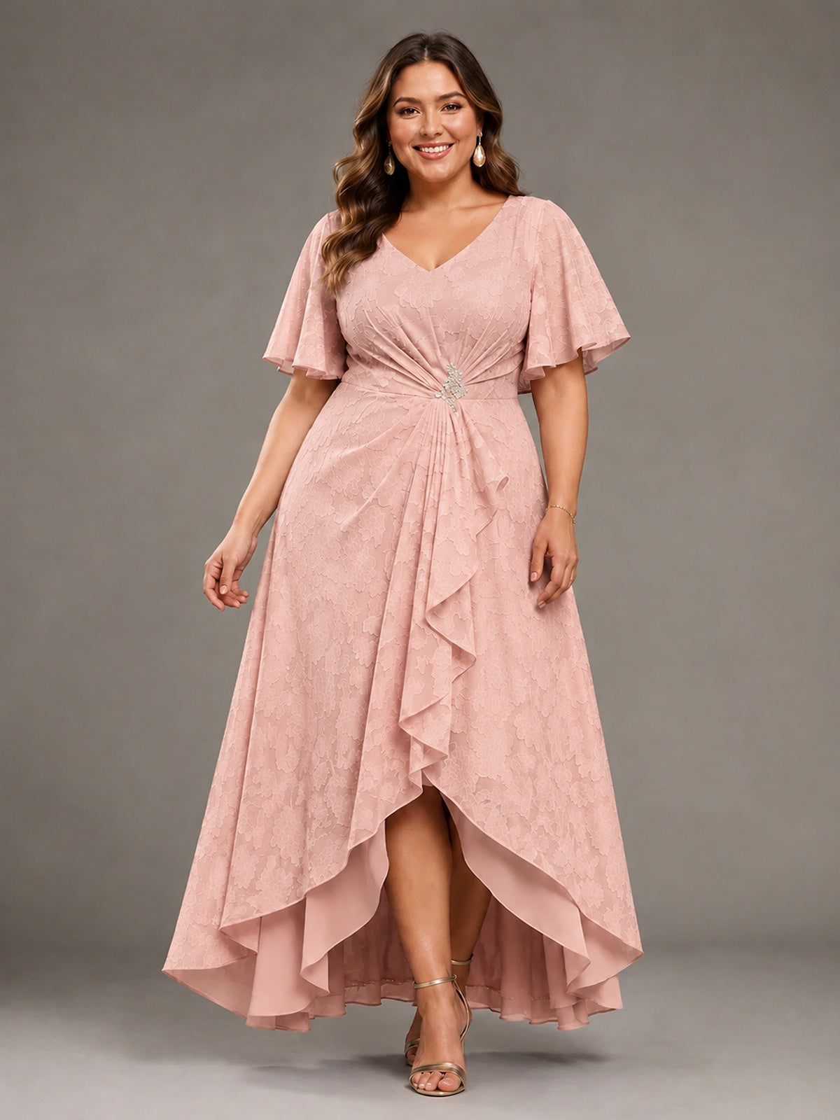 Jacquard Chiffon A-Line V-Neck High-Low Mother of the Bride Dress