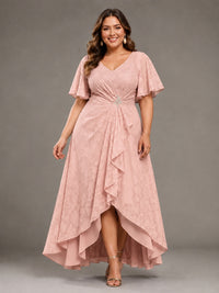Jacquard Chiffon A-Line V-Neck High-Low Mother of the Bride Dress