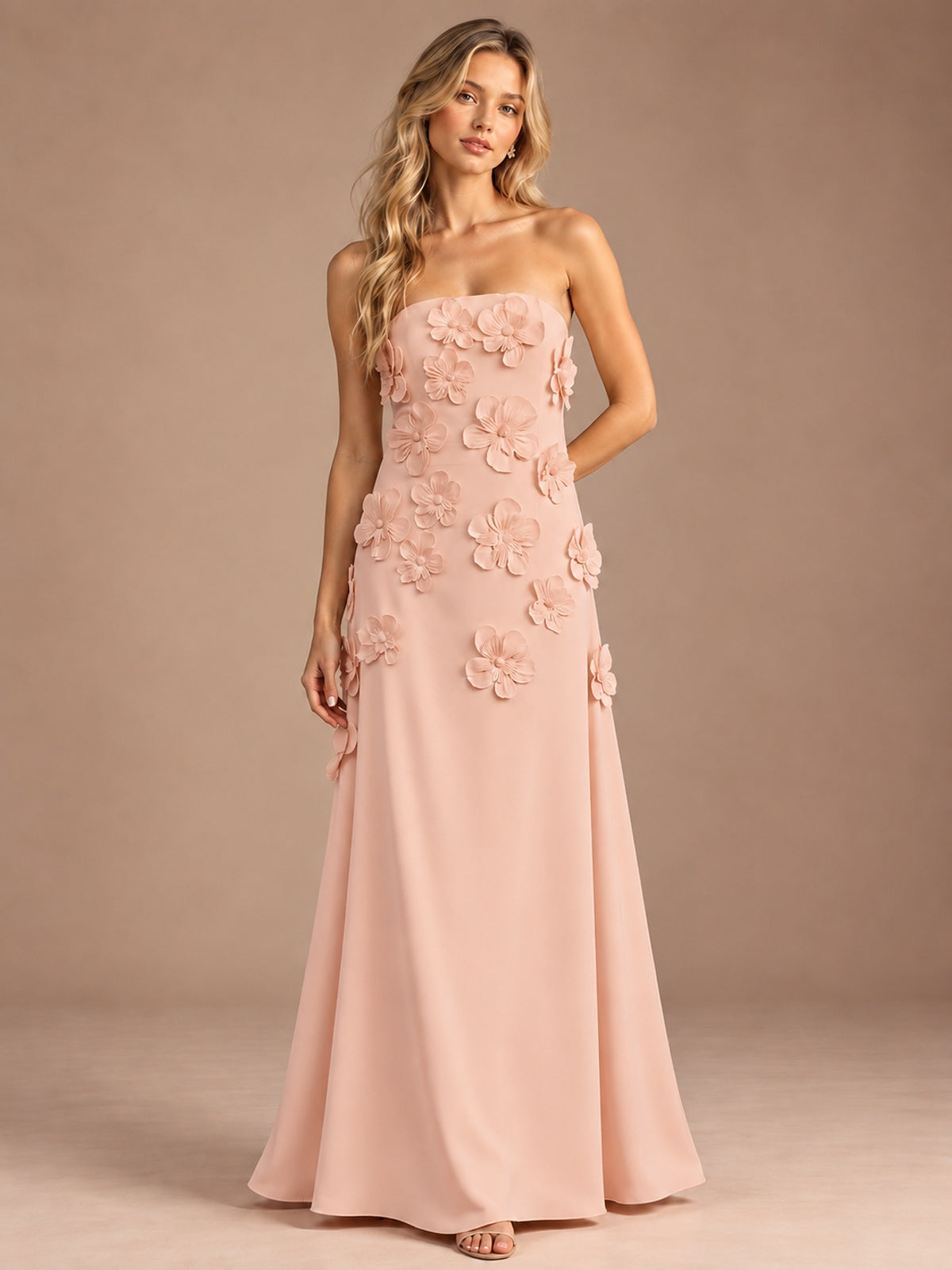 Rose Gold-Strapless 3D Floral A-line Satin Prom Maxi Dress Formal Evening Gown