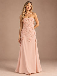 Rose Gold-Strapless 3D Floral A-line Satin Prom Maxi Dress Formal Evening Gown