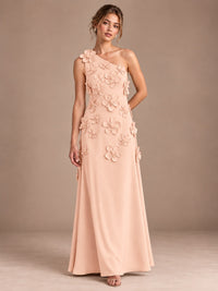 Rose Gold- One Shoulder Satin Formal Maxi Dress with 3D Floral