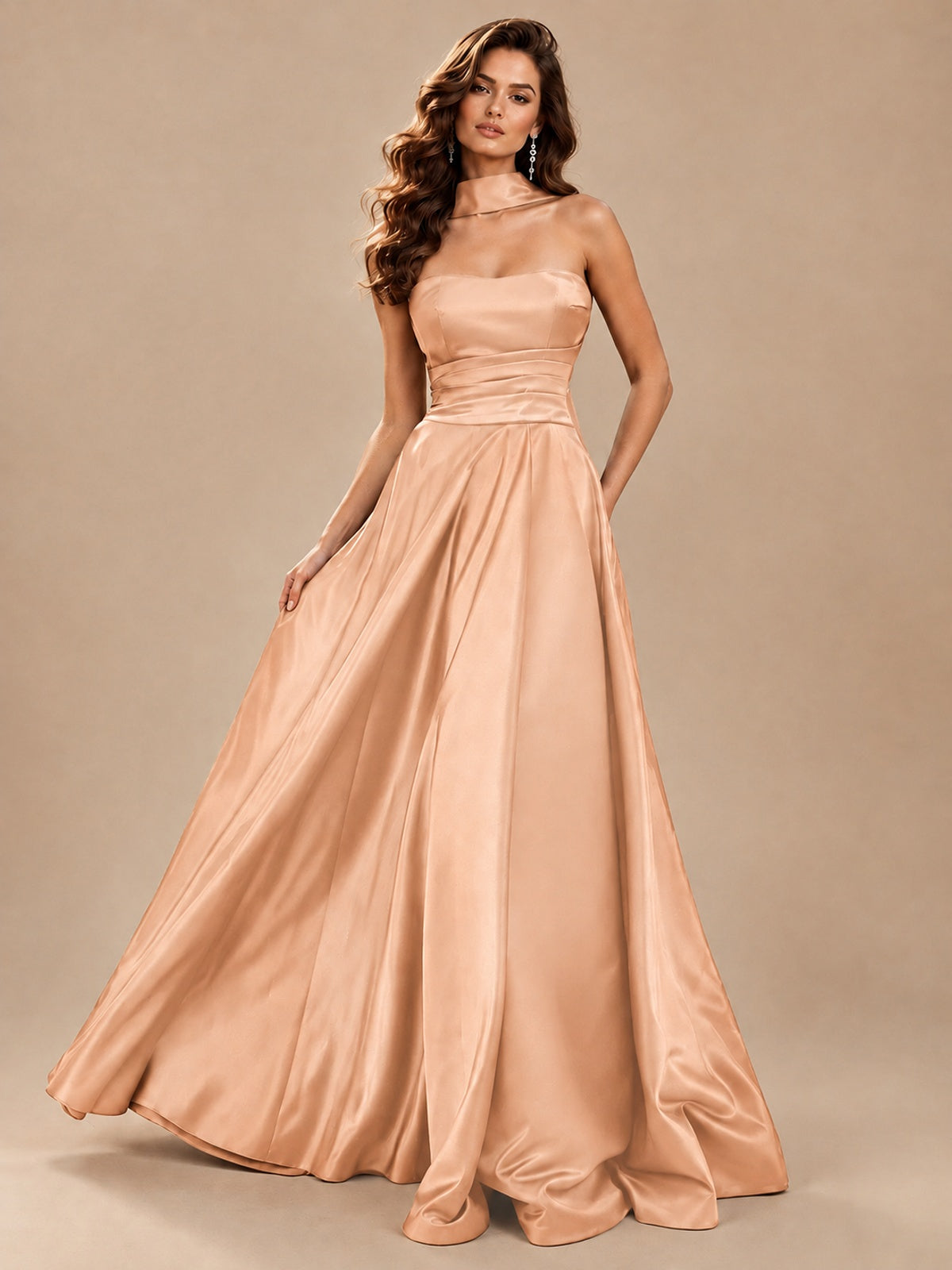 Strapless Prom Dress Side High Slit A-line Formal Dress with Scarf