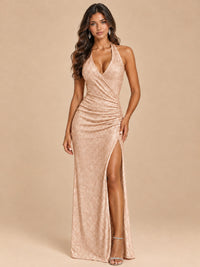 Halter V-Neck Sequin Mermaid Prom Dress with High Slit
