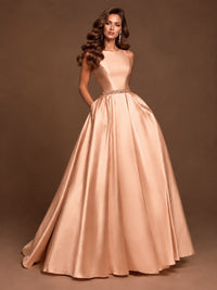 Satin A-Line Prom Dress Sleeveless Beaded Waist Formal Gown with Pockets