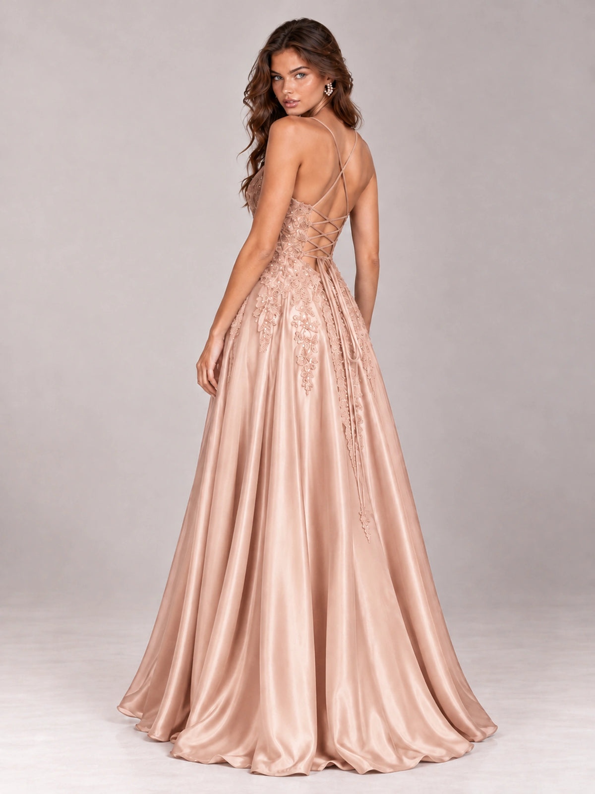 Lace Applique Satin A-Line Prom Dress with Sheer Bodice