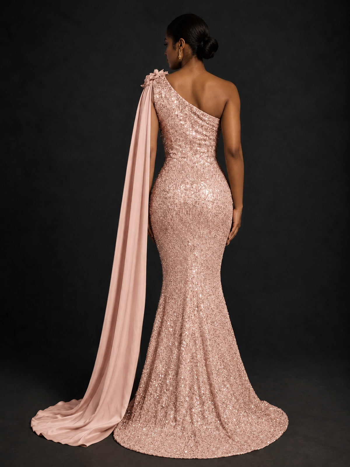 Gold Sequin One Shoulder Mermaid Prom Dress with Cape