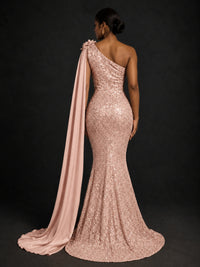 Gold Sequin One Shoulder Mermaid Prom Dress with Cape