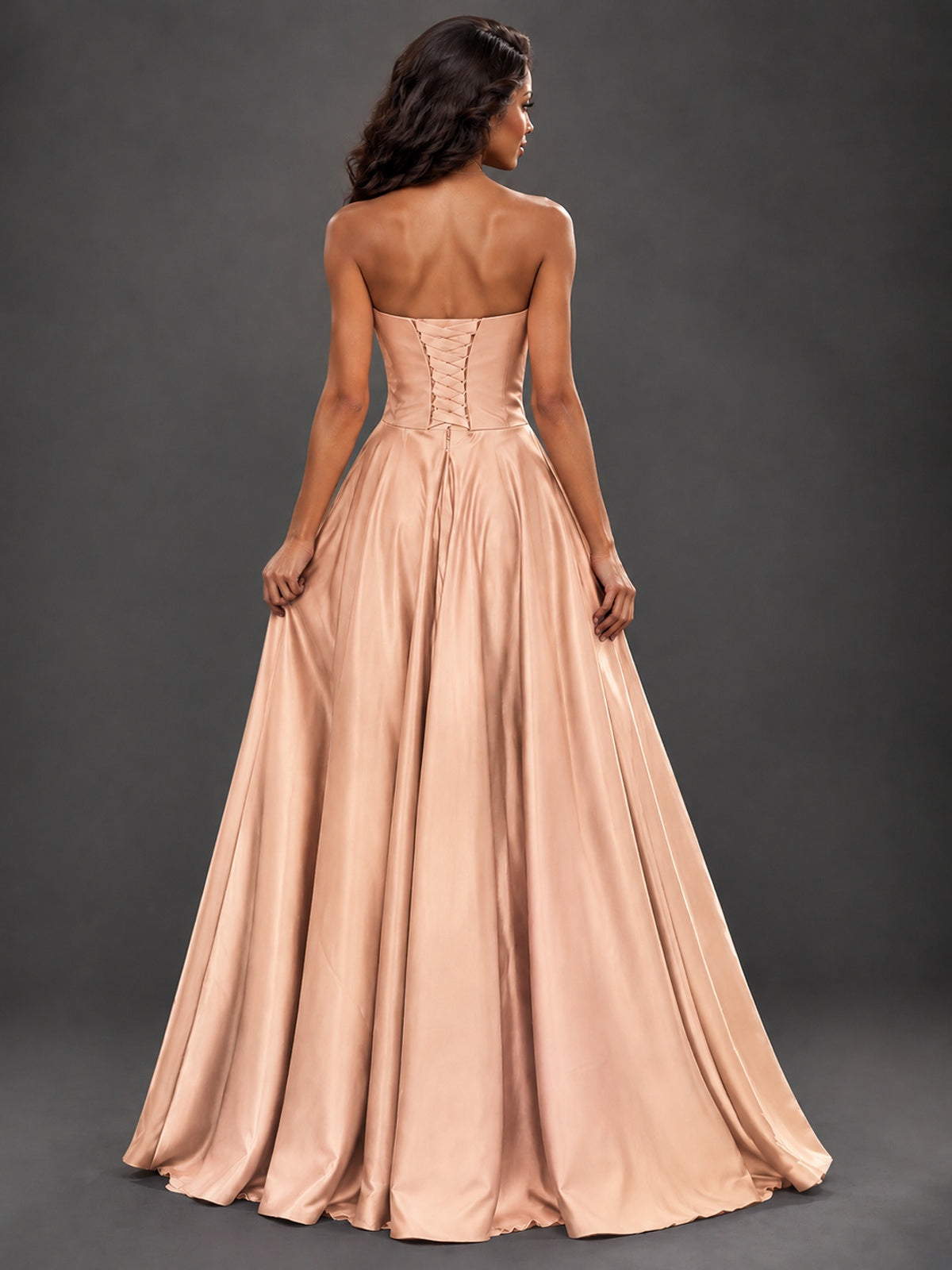 Draped Satin Prom Dress Strapless A-line Formal Dress Floor Length
