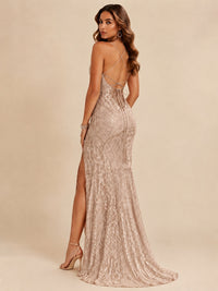 Sequin Lace Appliques Mermaid Prom Dress Spaghetti Strap Formal Gowns with Slit