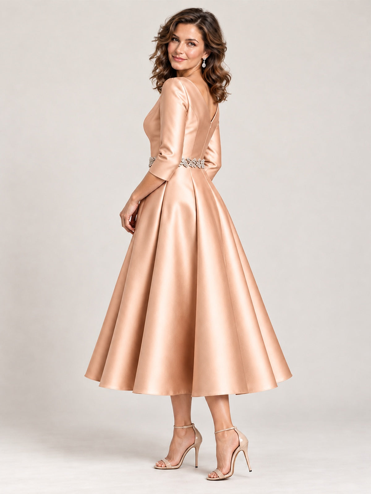 V-Neck Tea-Length Mother of the Bride Dress with Embellished Waist