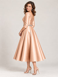 V-Neck Tea-Length Mother of the Bride Dress with Embellished Waist