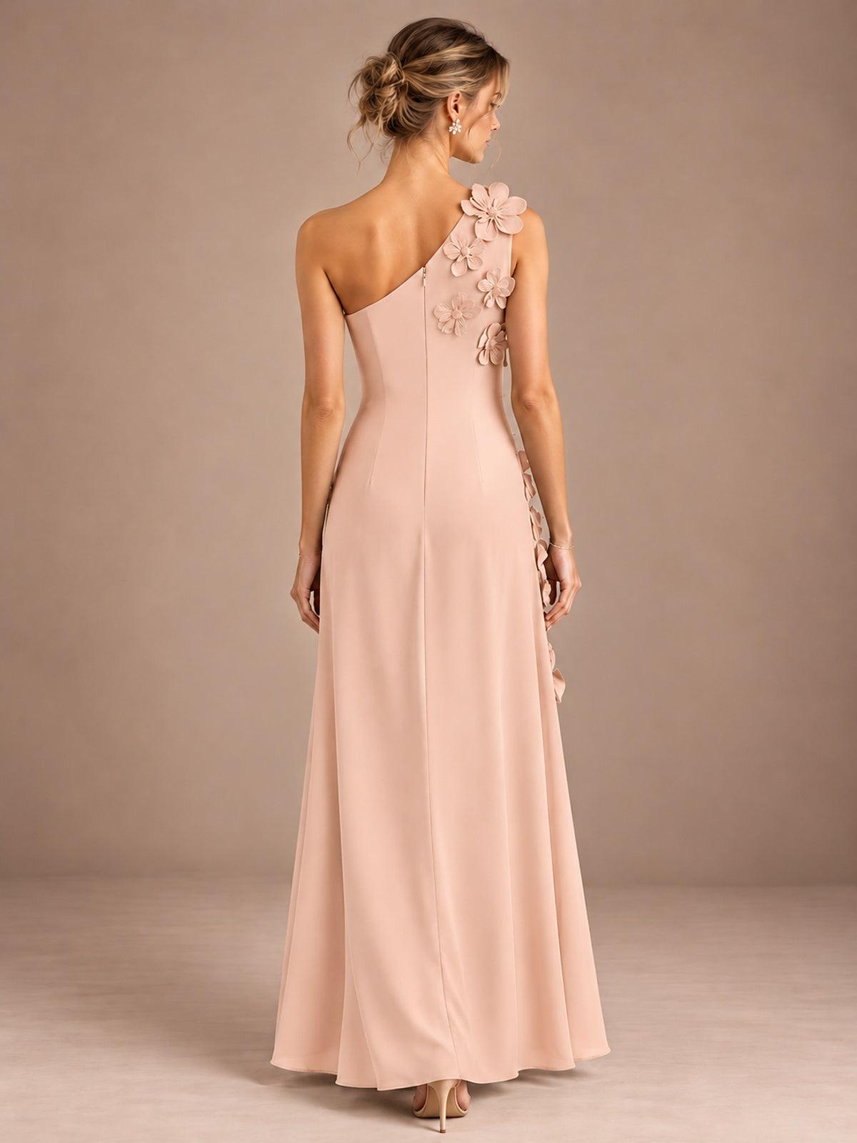 Sage Green One Shoulder Satin Formal Maxi Dress with 3D Floral