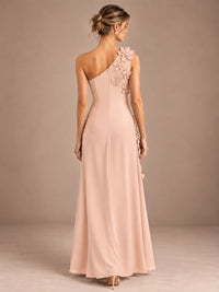 Sage Green One Shoulder Satin Formal Maxi Dress with 3D Floral