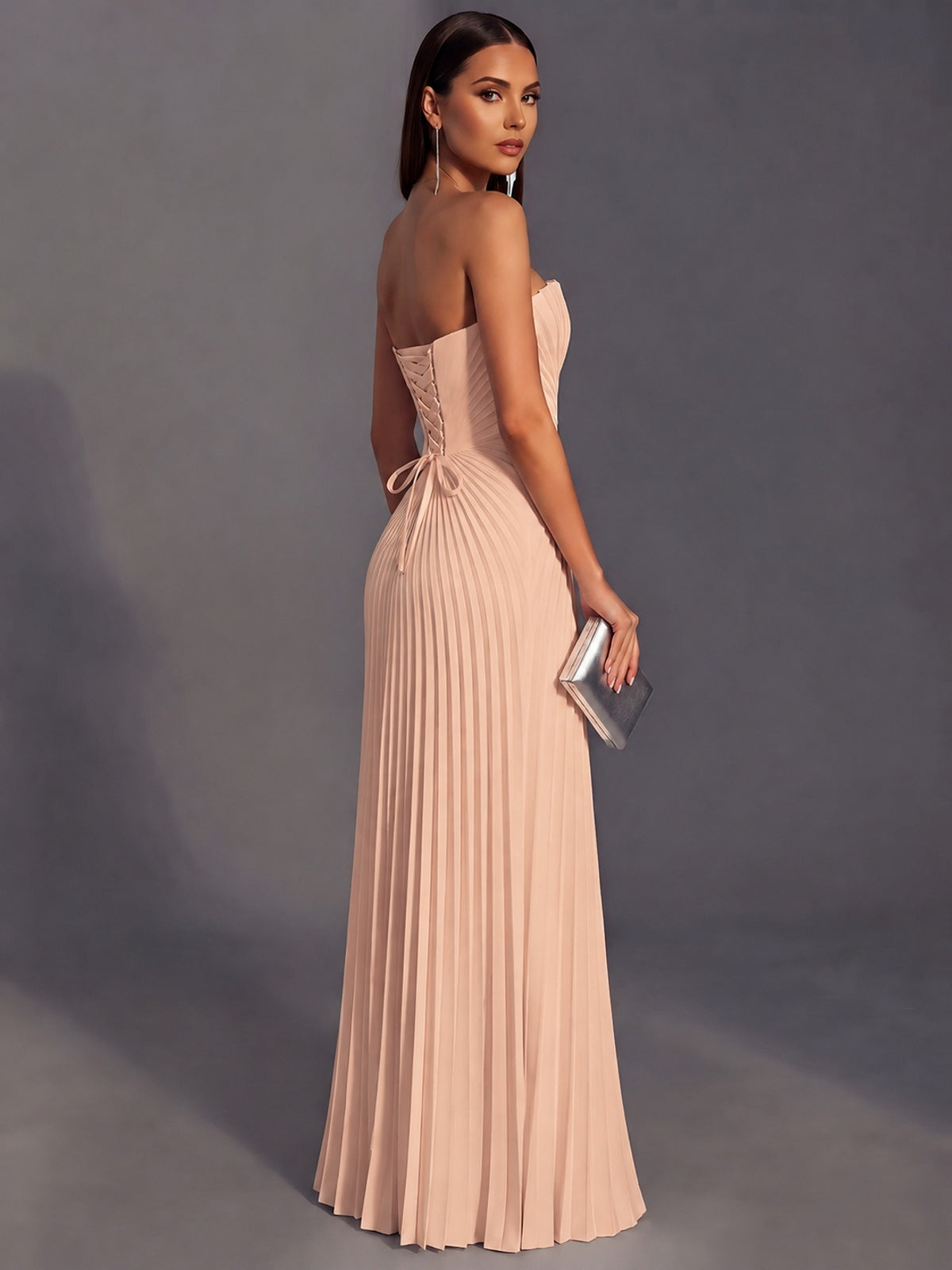 Strapless A-line Long Pleated Satin Prom Dress