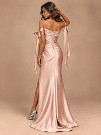 Off The Shuolder Satin Prom Dress Slit Mermaid Formal Gowns