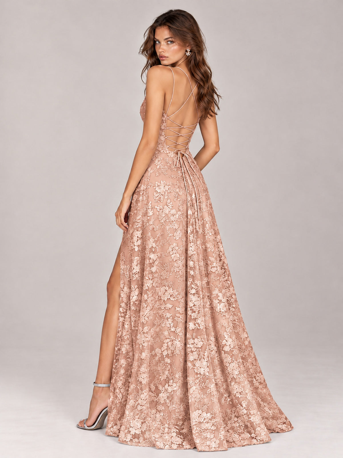 Floral Lace A-Line Prom Dress with Spaghetti Straps & High Slit