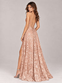Floral Lace A-Line Prom Dress with Spaghetti Straps & High Slit