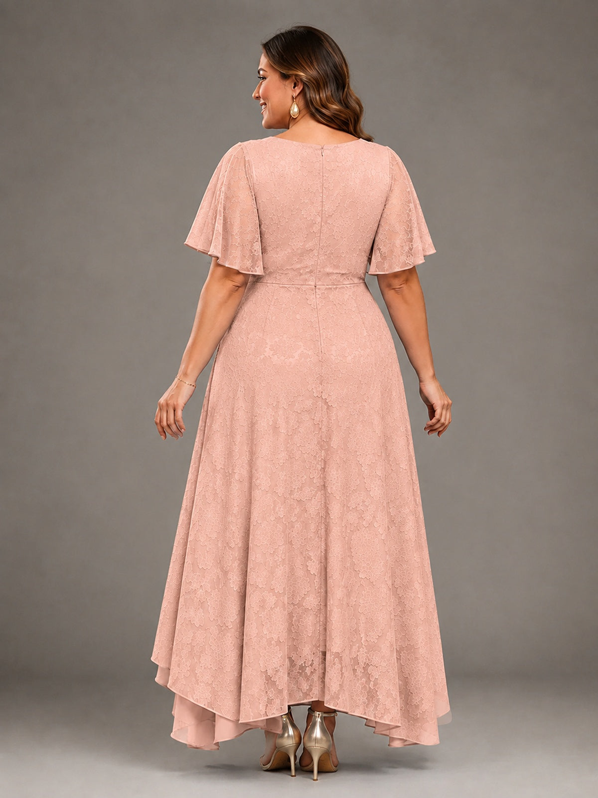 Jacquard Chiffon A-Line V-Neck High-Low Mother of the Bride Dress