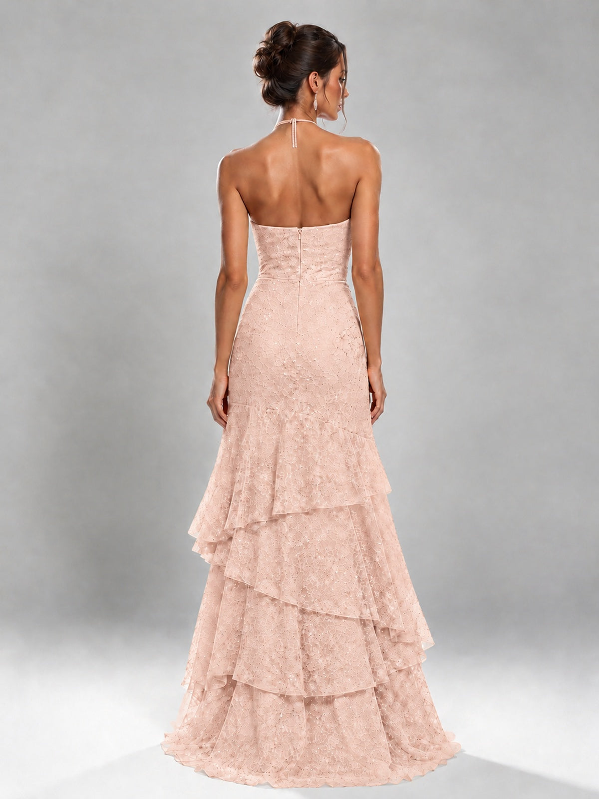 Halter Tiered Mermaid Prom Dress with Sparkly Lace