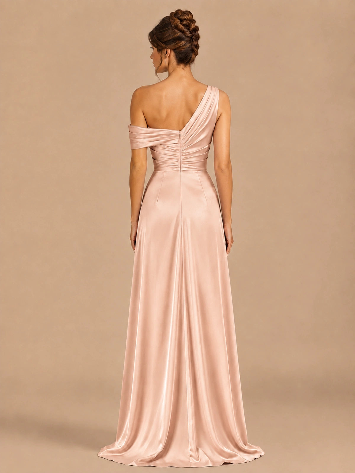 Satin One Shoulder Prom Dress Ruched Long Formal Evening Gown