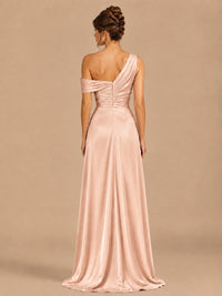 Satin One Shoulder Prom Dress Ruched Long Formal Evening Gown
