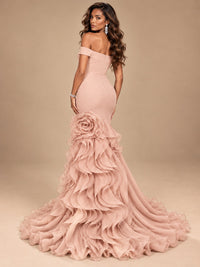Dusty Blue Off-the-Shoulder Mermaid Prom Dress with 3D Rose & Ruffles