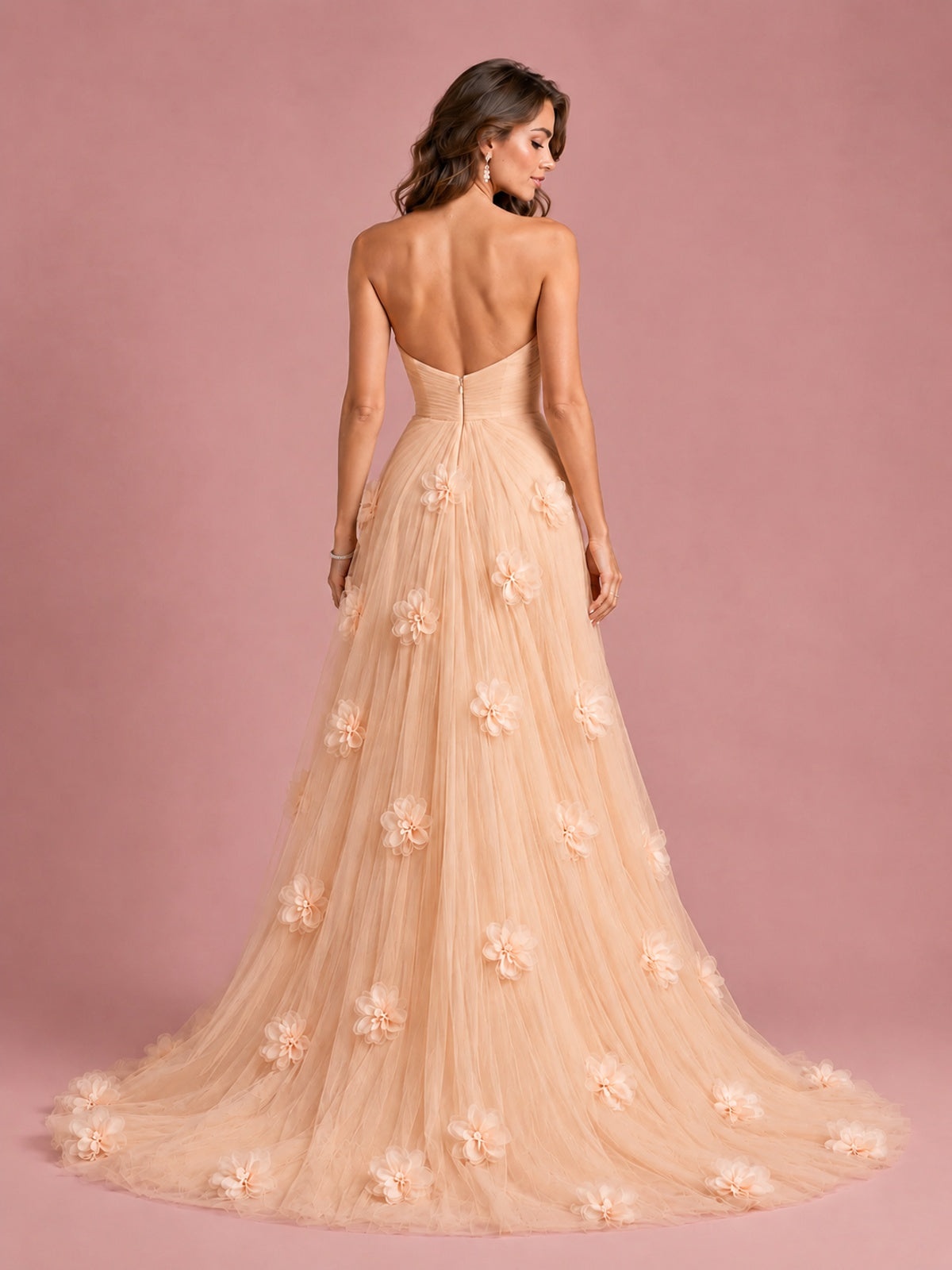 3D Floral Applique Strapless Tulle Prom Dress with High Slit