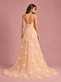 3D Floral Applique Strapless Tulle Prom Dress with High Slit