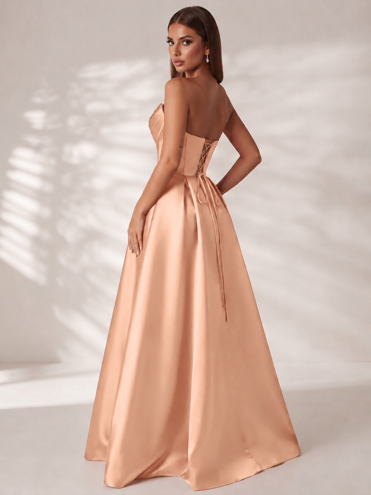 Strapless Corset Satin Prom Dress Long Evening Gown with High Slit