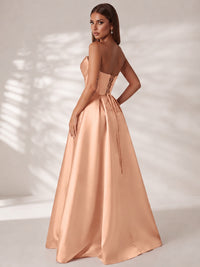 Strapless Corset Satin Prom Dress Long Evening Gown with High Slit