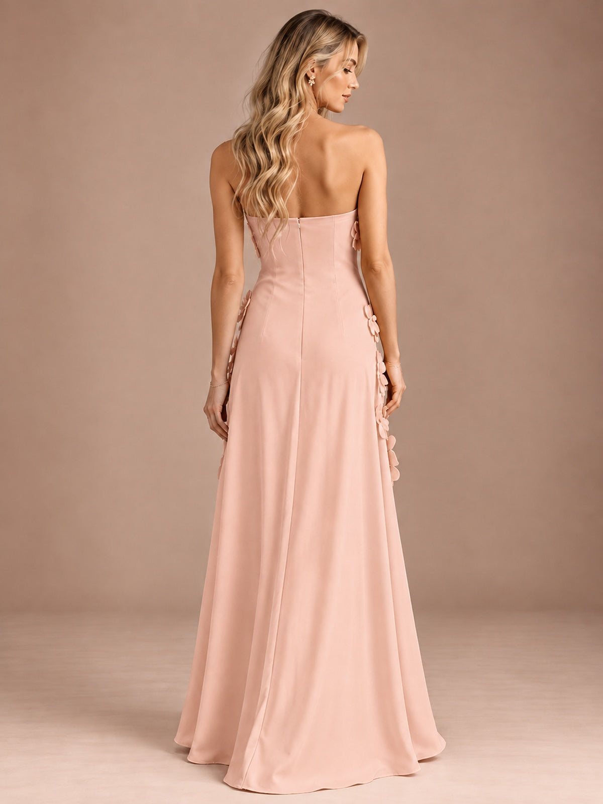 Yellow Strapless A-line Satin Maxi Dress with 3D Floral