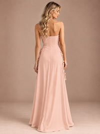 Yellow Strapless A-line Satin Maxi Dress with 3D Floral