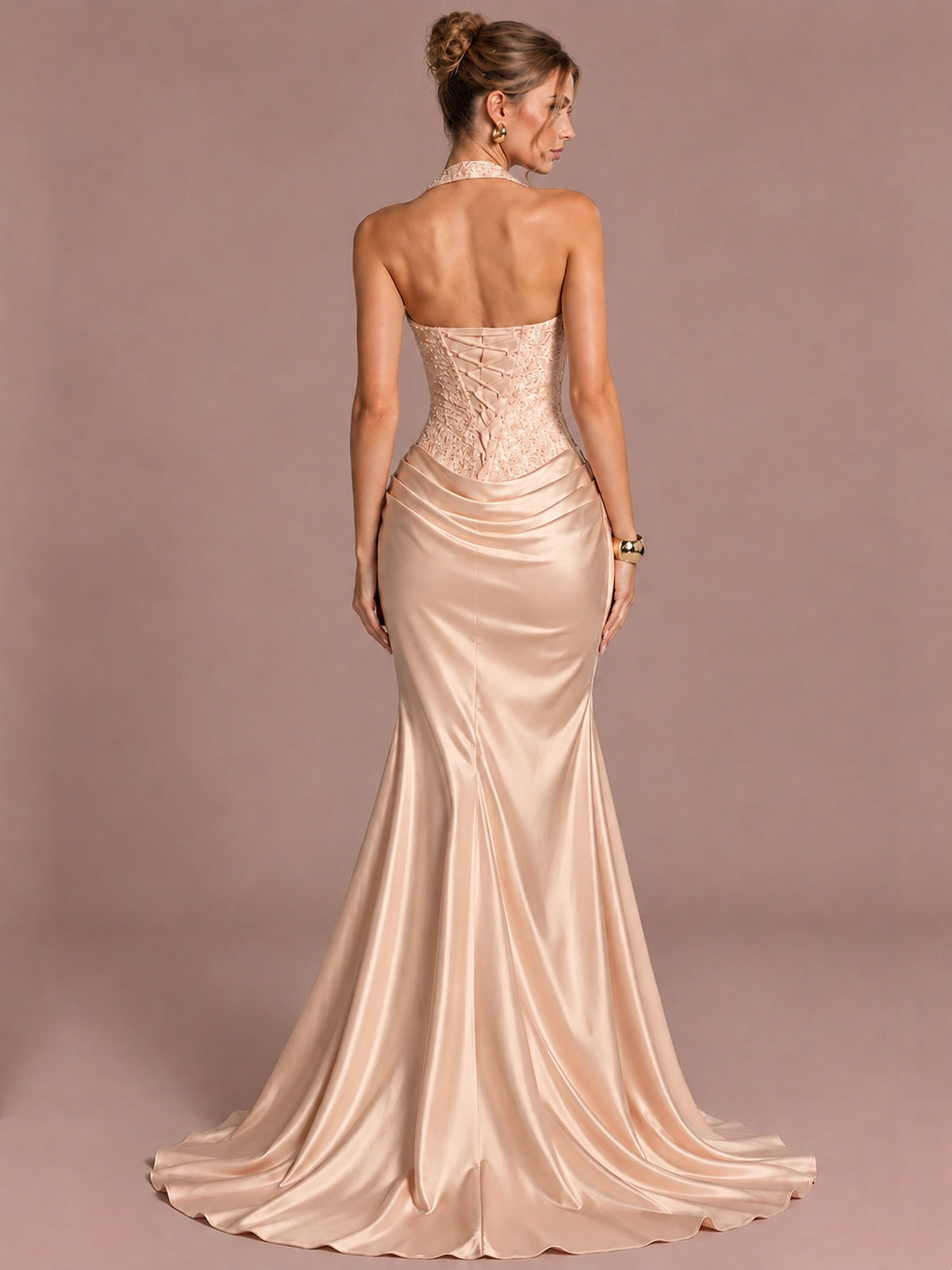 Sparkling Halter Corset Satin Mermaid Prom Dress