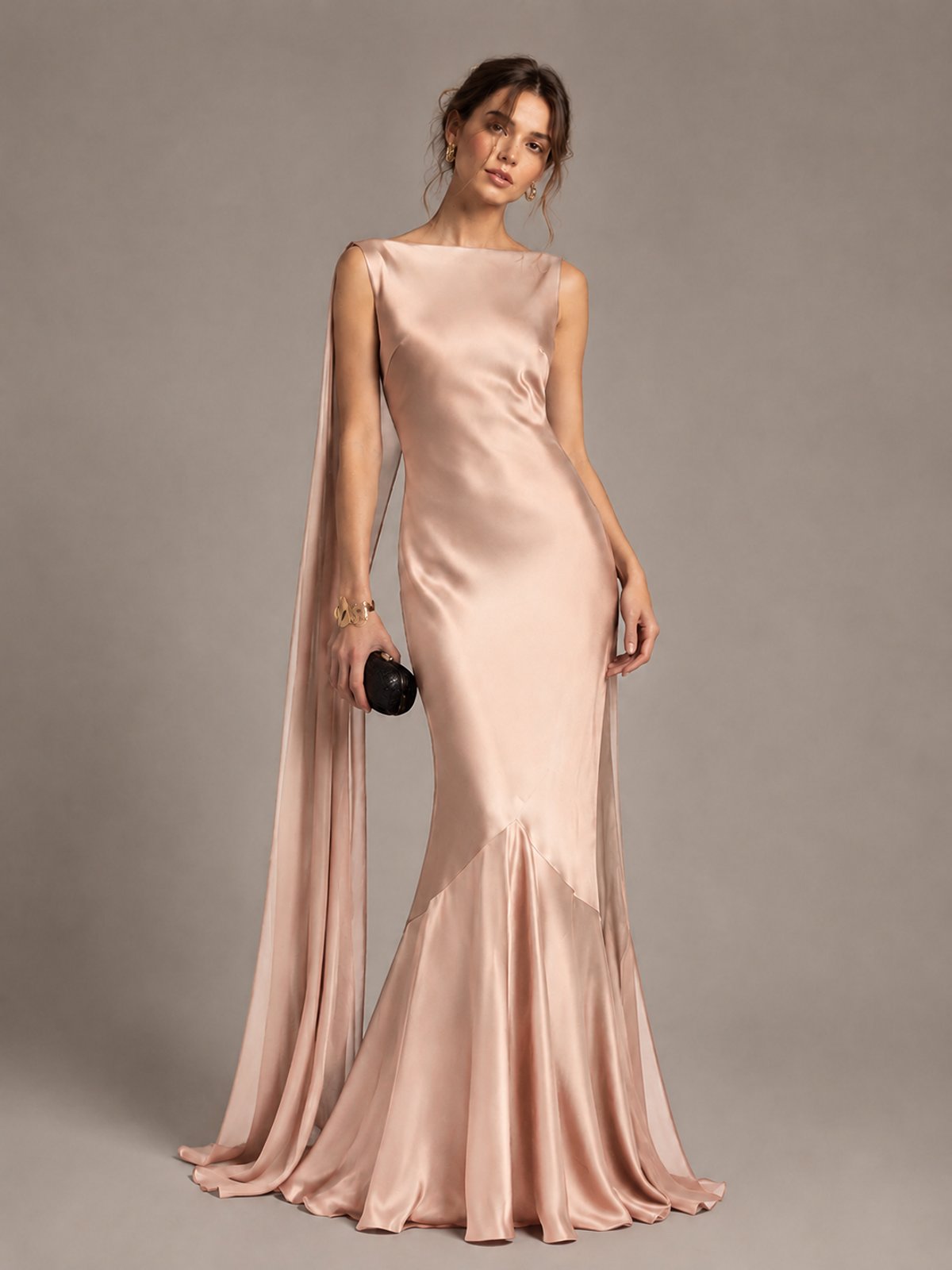 Burgundy Satin Mermaid Cape Maxi Dress