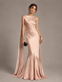 Burgundy Satin Mermaid Cape Maxi Dress