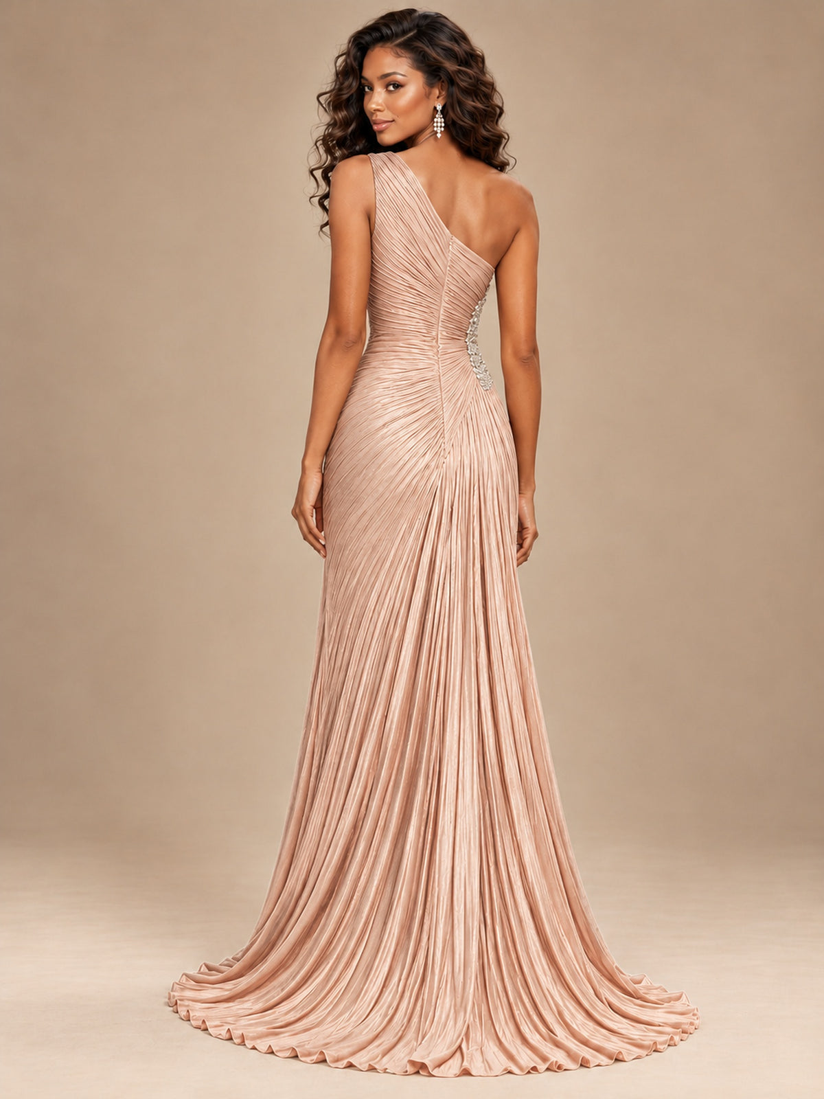 Burgundy One Shoulder Ruched Prom Dress with High Slit & Beaded Waist