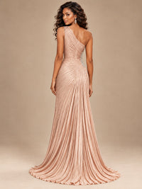 Burgundy One Shoulder Ruched Prom Dress with High Slit & Beaded Waist