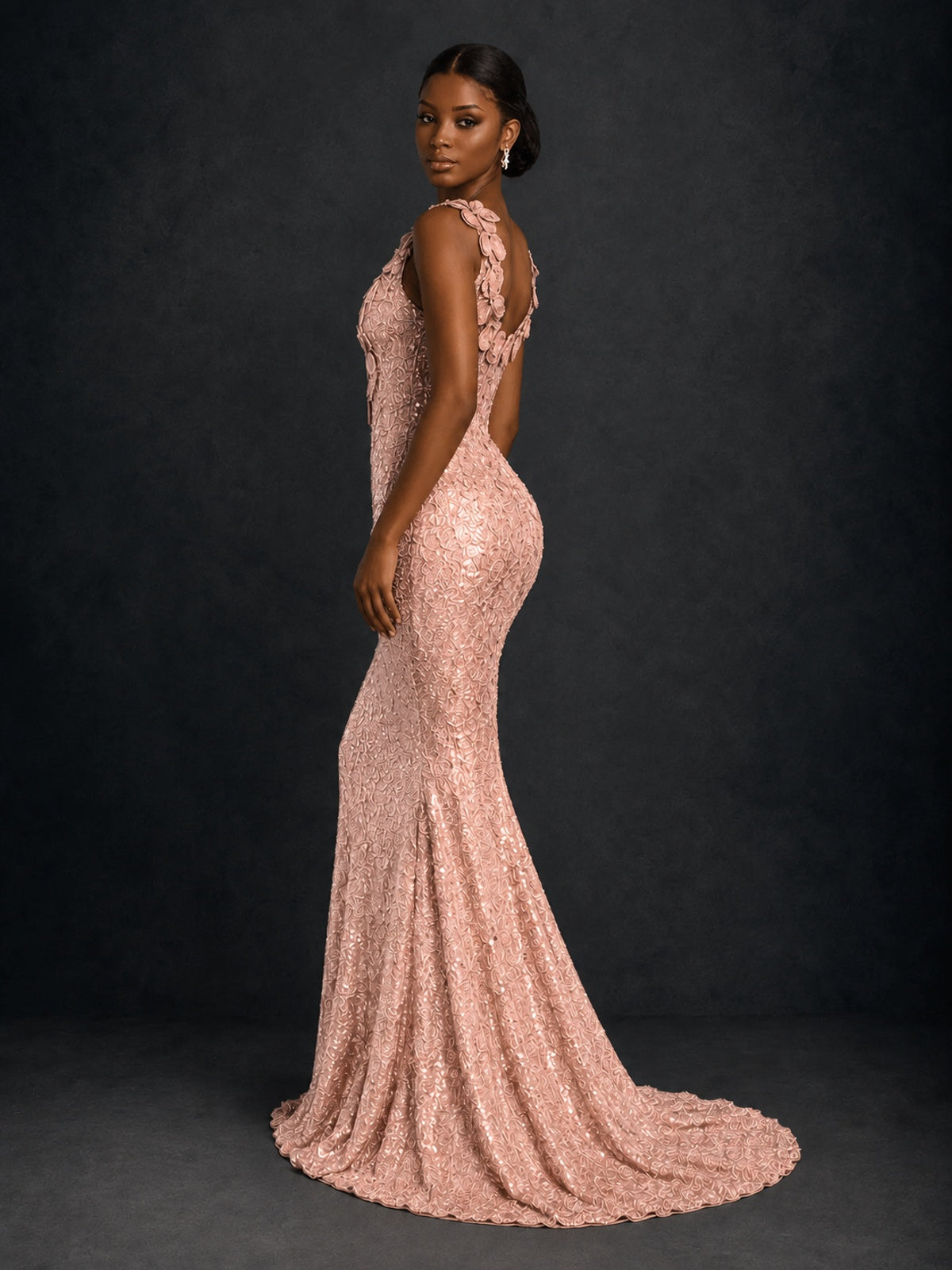 Gold Sequin Floral Applique Mermaid Prom Dress