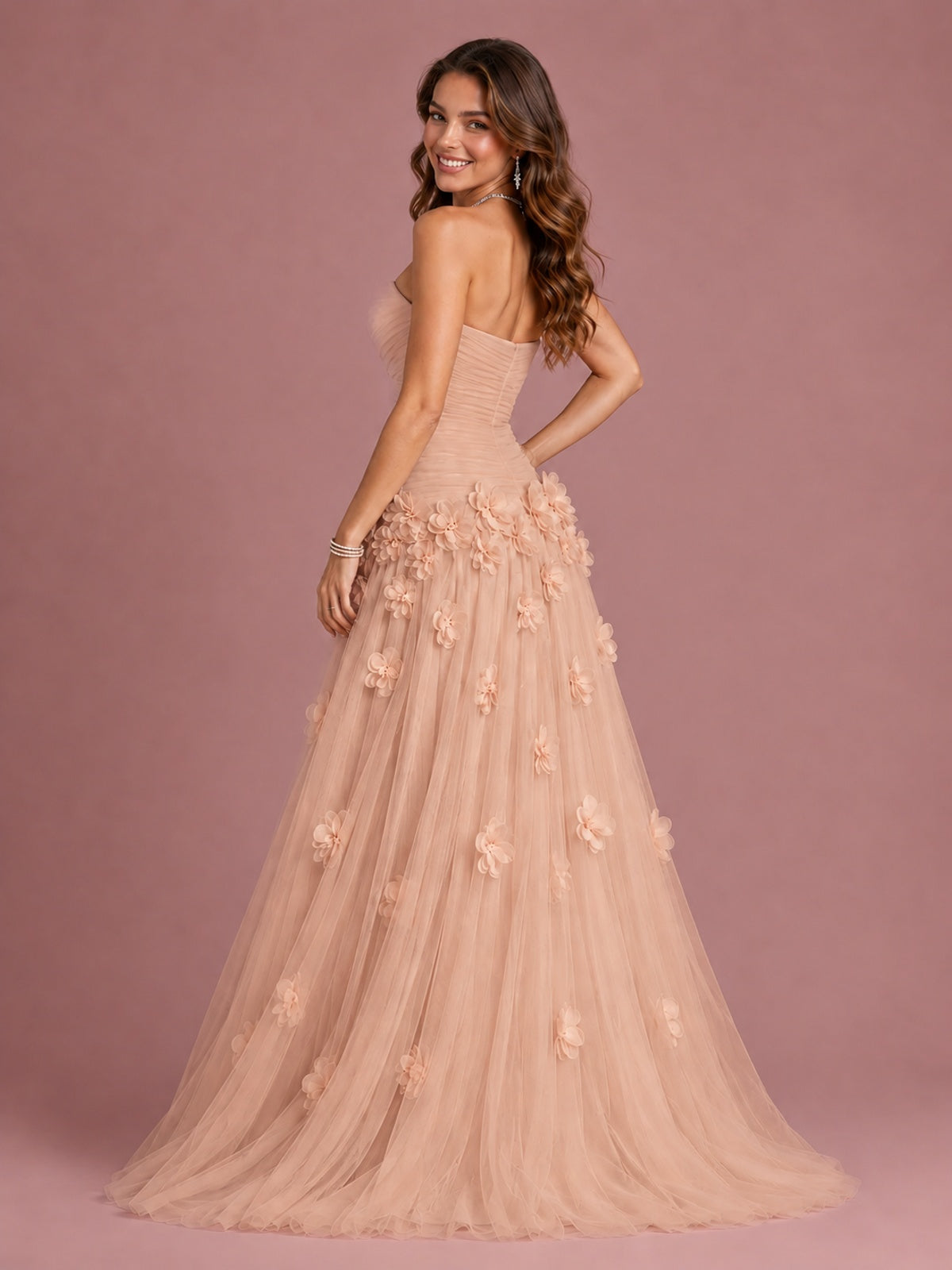 Blush Pink Strapless Sweetheart 3D Floral Tulle Ball Gown Prom Dres