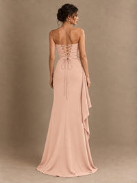 Black and White Strapless Ruched Prom Dress with High Slit & Side Drape