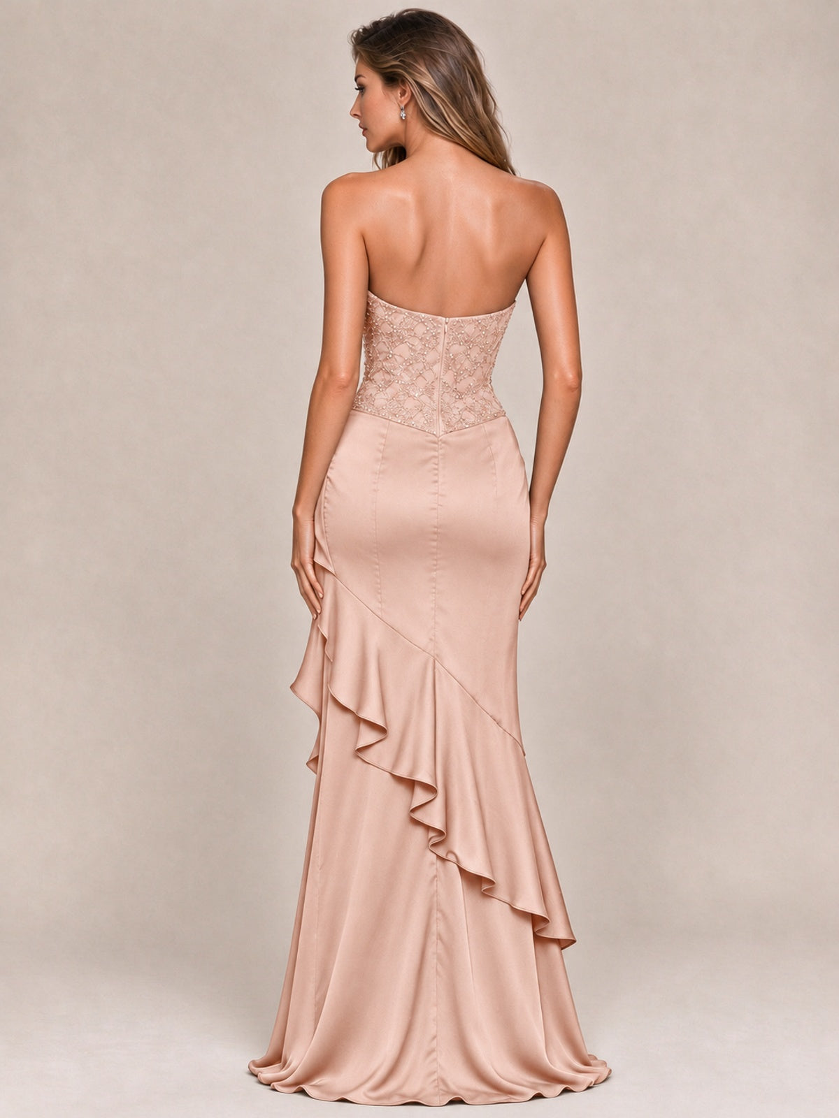 Strapless Lace Appliques Corset Satin Prom Dress Ruffle Slit Evening Gown